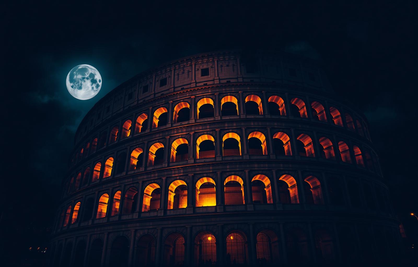 The Roman Colosseum at night, lit by golden fire